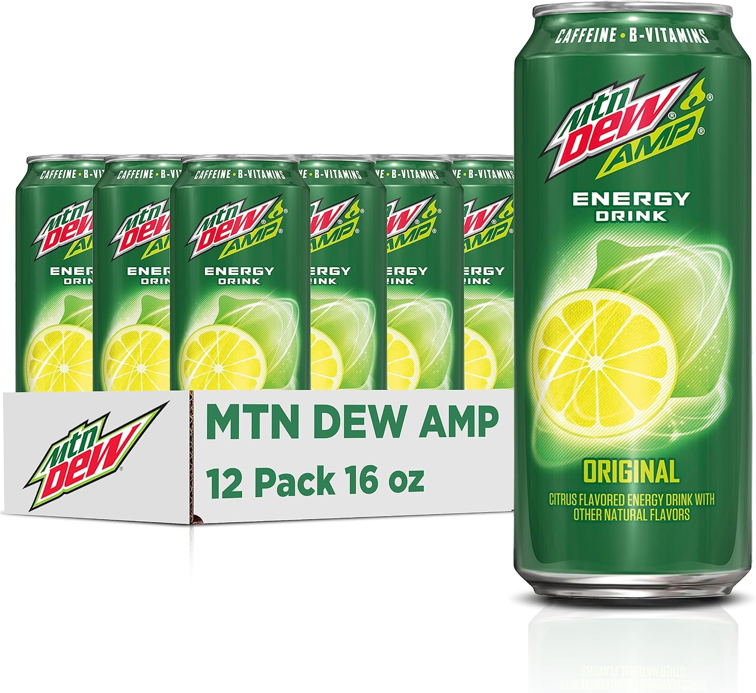Mtn Dew AMP Energy, Original, Energy Drink with Caffeine, B Vitamins, 16 fl oz cans (12 Pack), Packaging May Vary