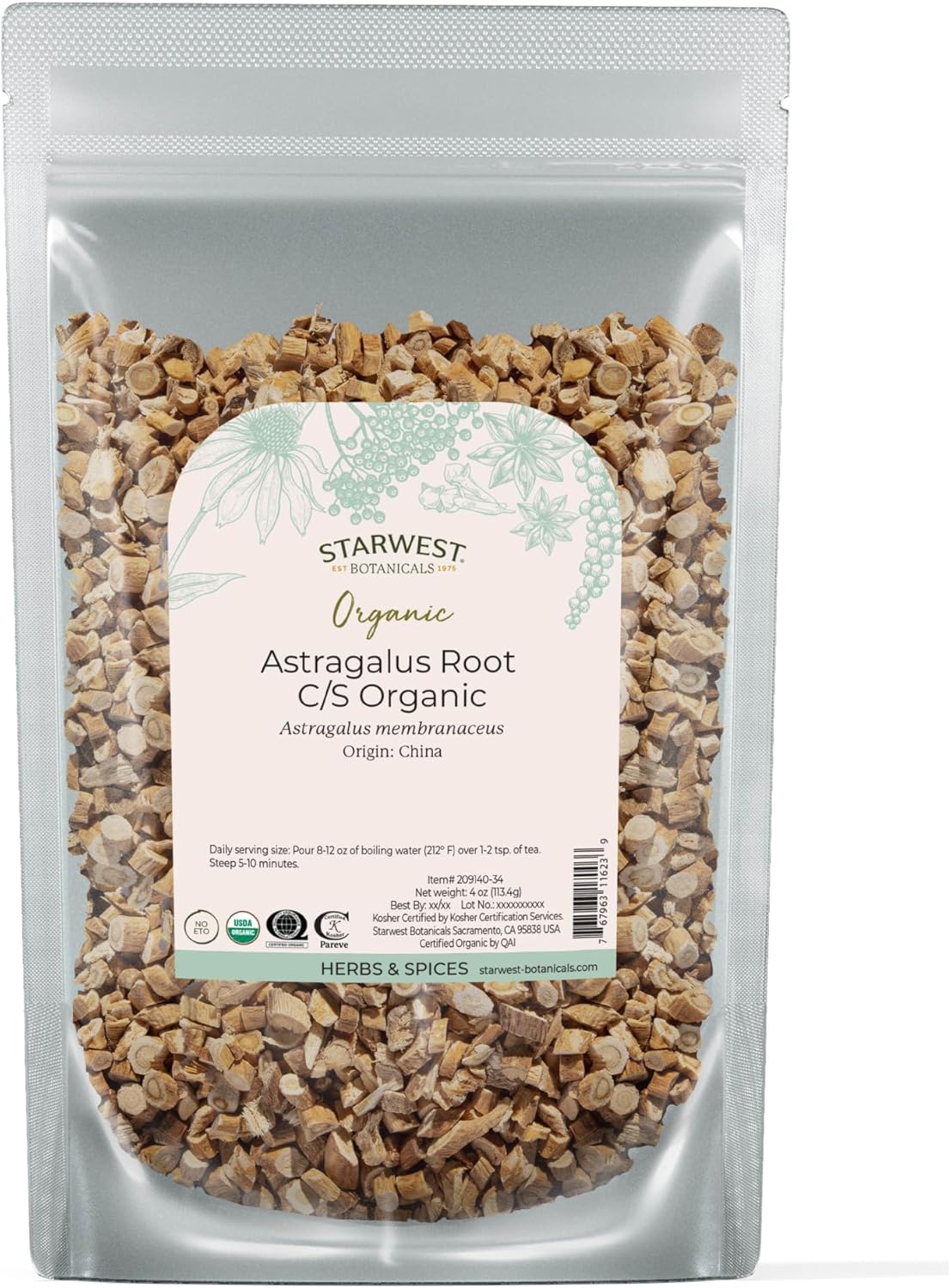 Starwest Botanicals Organic Astragalus Root - Dried Herb for Tea, Cut & Sifted, Certified Kosher, Non-GMO - 4 oz Pouch