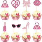 24 PCS Princess Cupcake Toppers Glitter Pink Girl Cupcake Picks Handbag Glasses Bow Lipstick Tie High Heel Cake Decorations for Wedding Bridal Shower Baby Shower Birthday Party Supplies