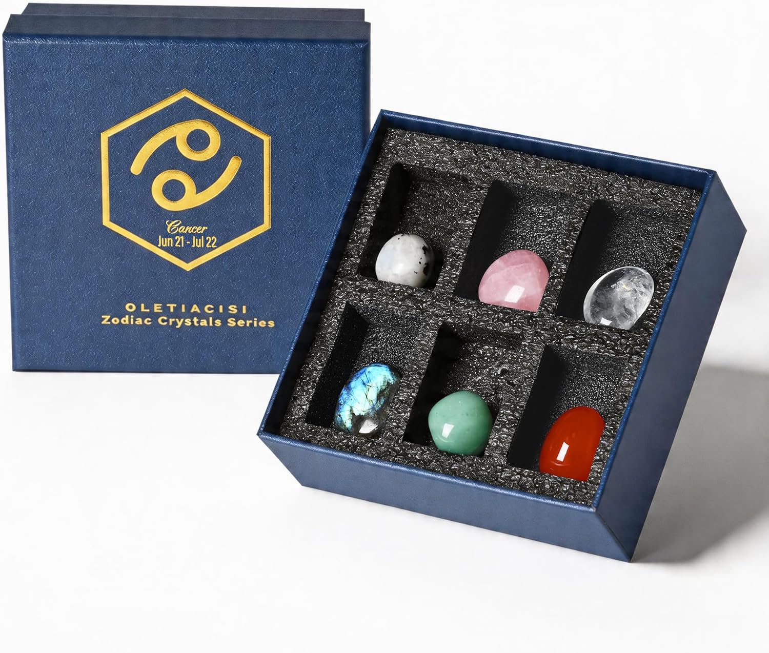 Cancer Zodiac Crystal Set, 6 Natural Healing Crystals for Meditation & Emotional Wellness, Complete Gift Set with Guidebook