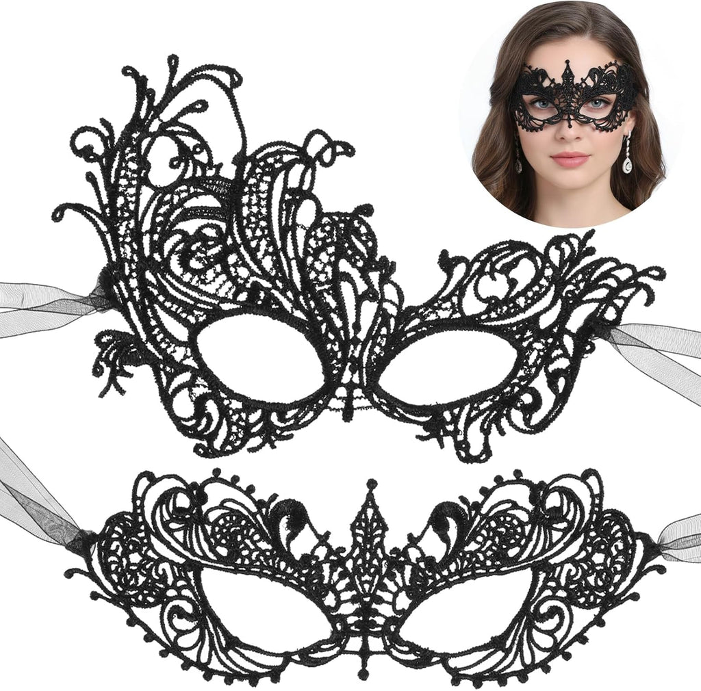 2 Pcs Masquerade Mask for Women Black Lace Eye Masks Costume Party Eye Mask Mardi Gras Masks Halloween Cosplay Accessory for Women and Girls