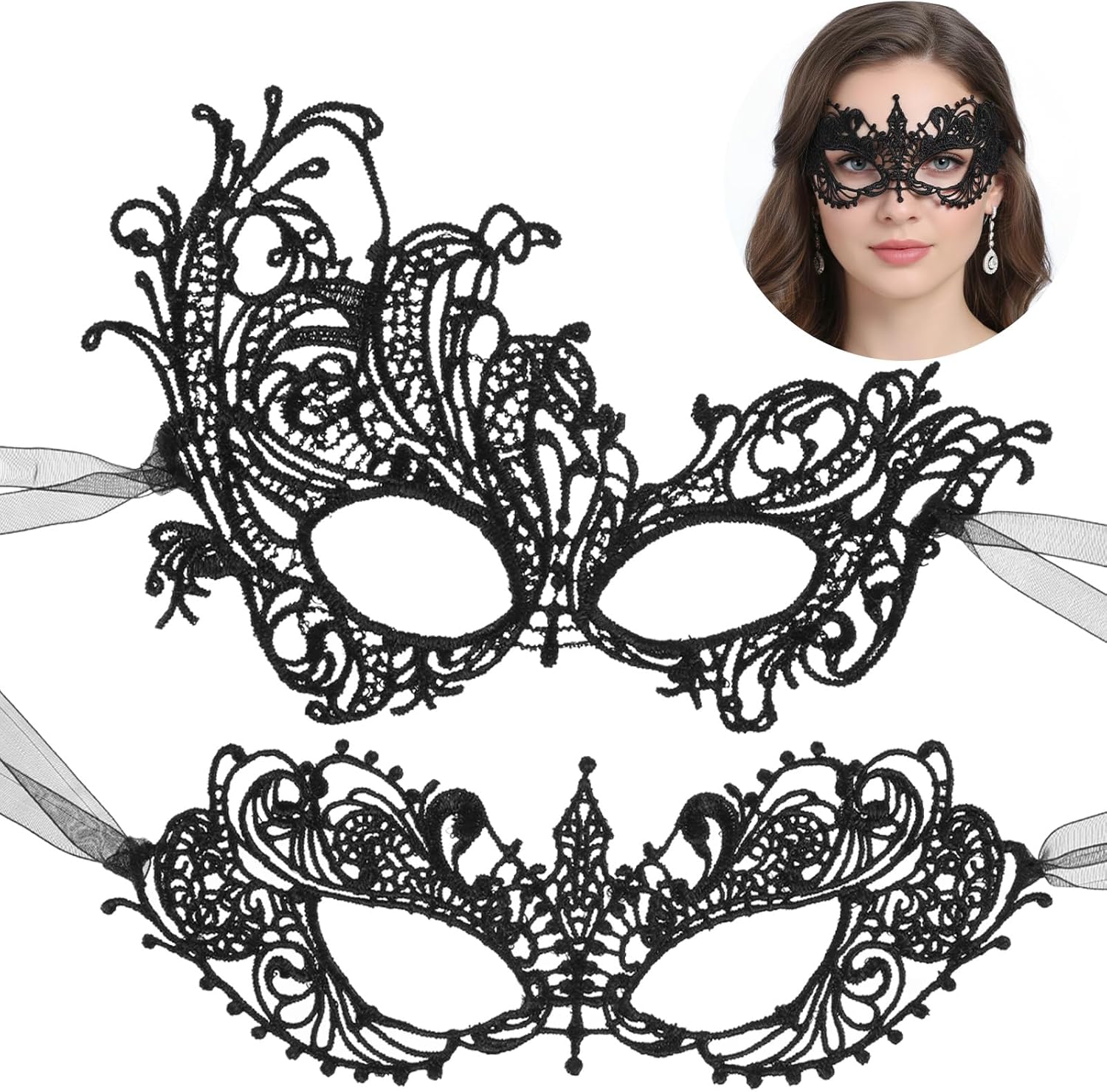 2 Pcs Masquerade Mask for Women Black Lace Eye Masks Costume Party Eye Mask Mardi Gras Masks Halloween Cosplay Accessory for Women and Girls