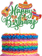 1 Pack Fiesta Happy Birthday Cake Topper Cactus Donkey Guitar Rackets Pepper Cake Pick for Mexican Fiesta Theme Baby Shower Birthday Party Cake Decorations Supplies Green