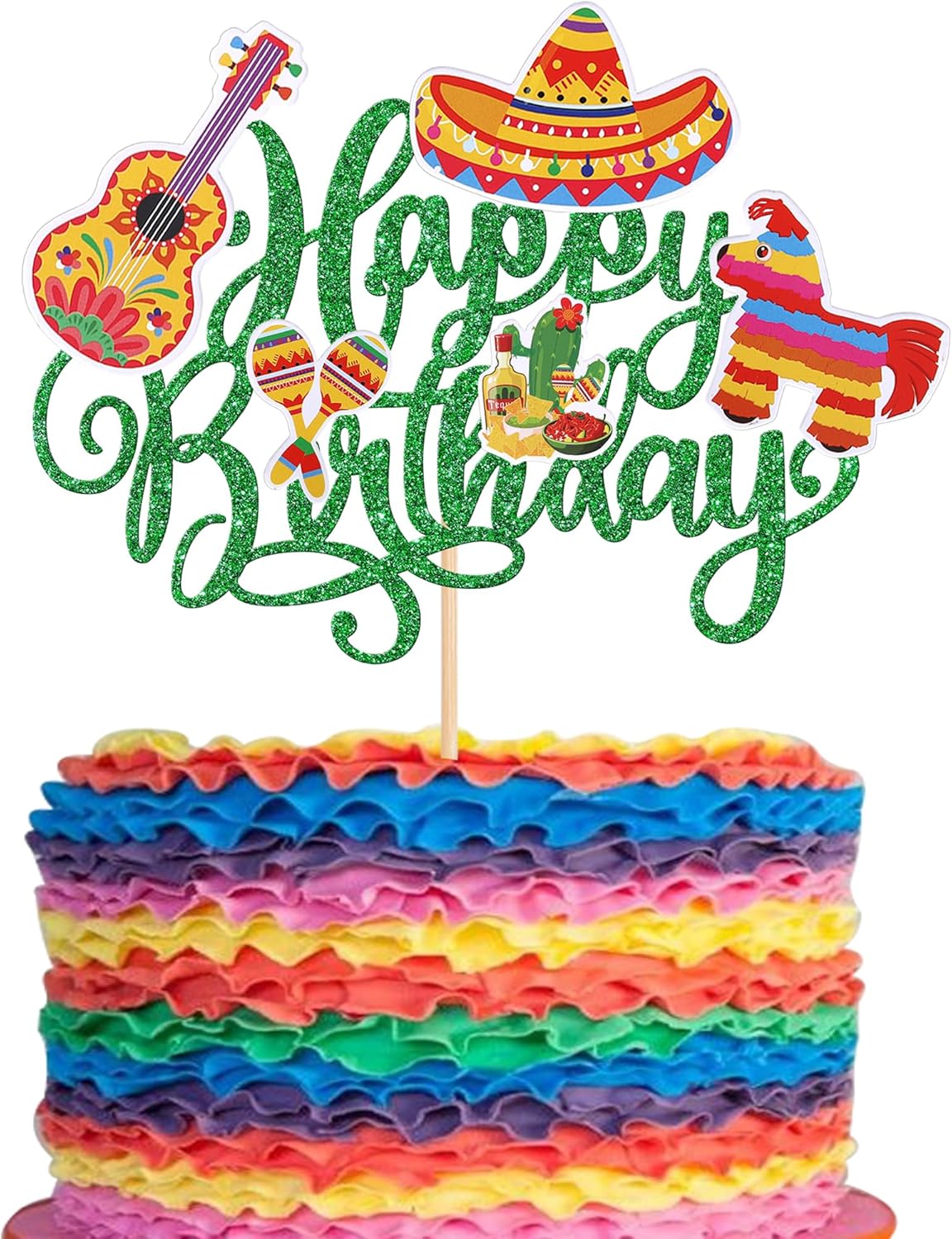1 Pack Fiesta Happy Birthday Cake Topper Cactus Donkey Guitar Rackets Pepper Cake Pick for Mexican Fiesta Theme Baby Shower Birthday Party Cake Decorations Supplies Green