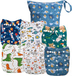 ALVABABY 6pcs Cloth Diaper Covers &1 Wet Dry Bag, Washable Reusable Cloth Nappy Shell for Prefold with Multi-Functional Bag, Flat or Fitted Diaper Inserts 6NKZ06