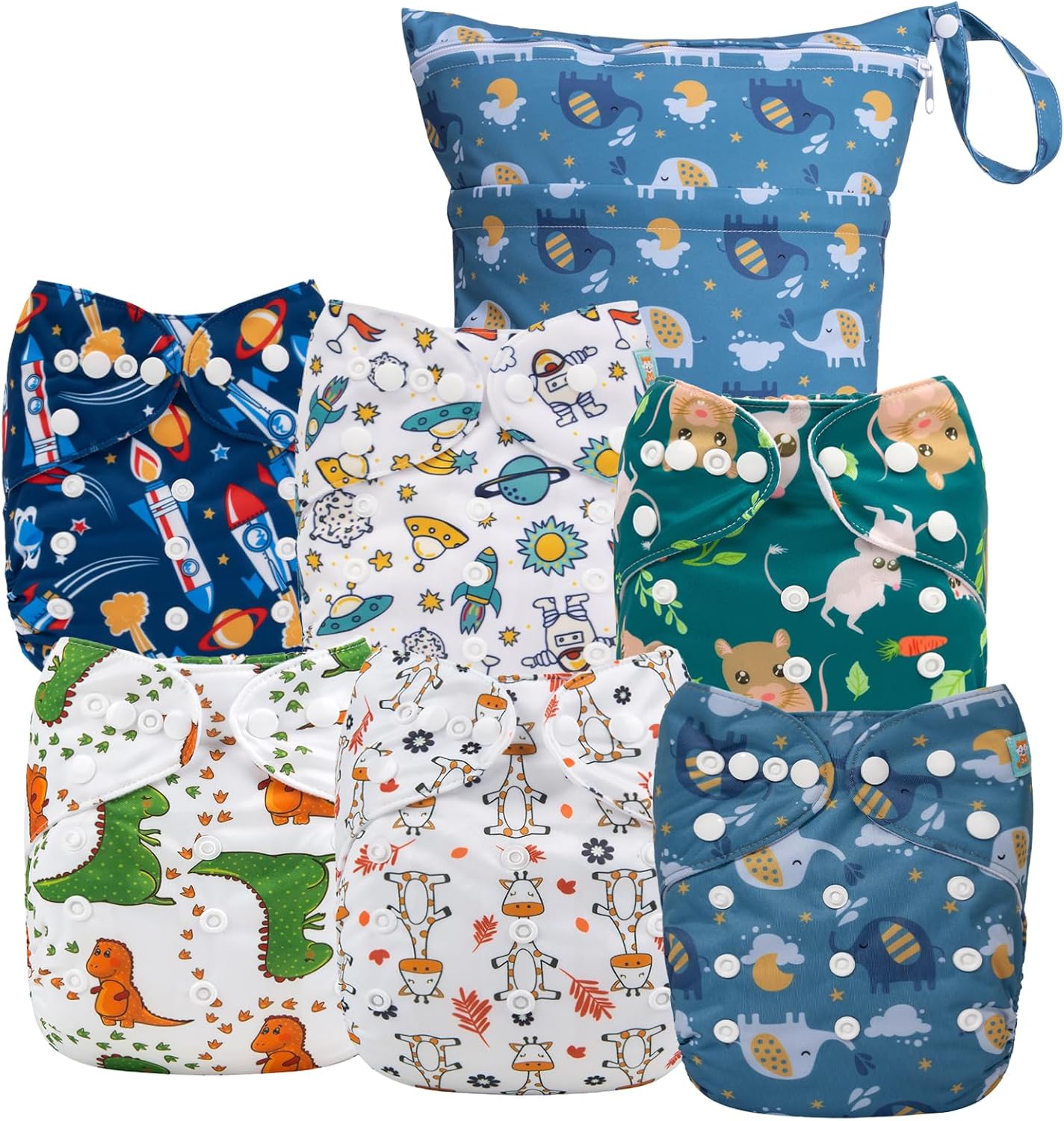 ALVABABY 6pcs Cloth Diaper Covers &1 Wet Dry Bag, Washable Reusable Cloth Nappy Shell for Prefold with Multi-Functional Bag, Flat or Fitted Diaper Inserts 6NKZ06