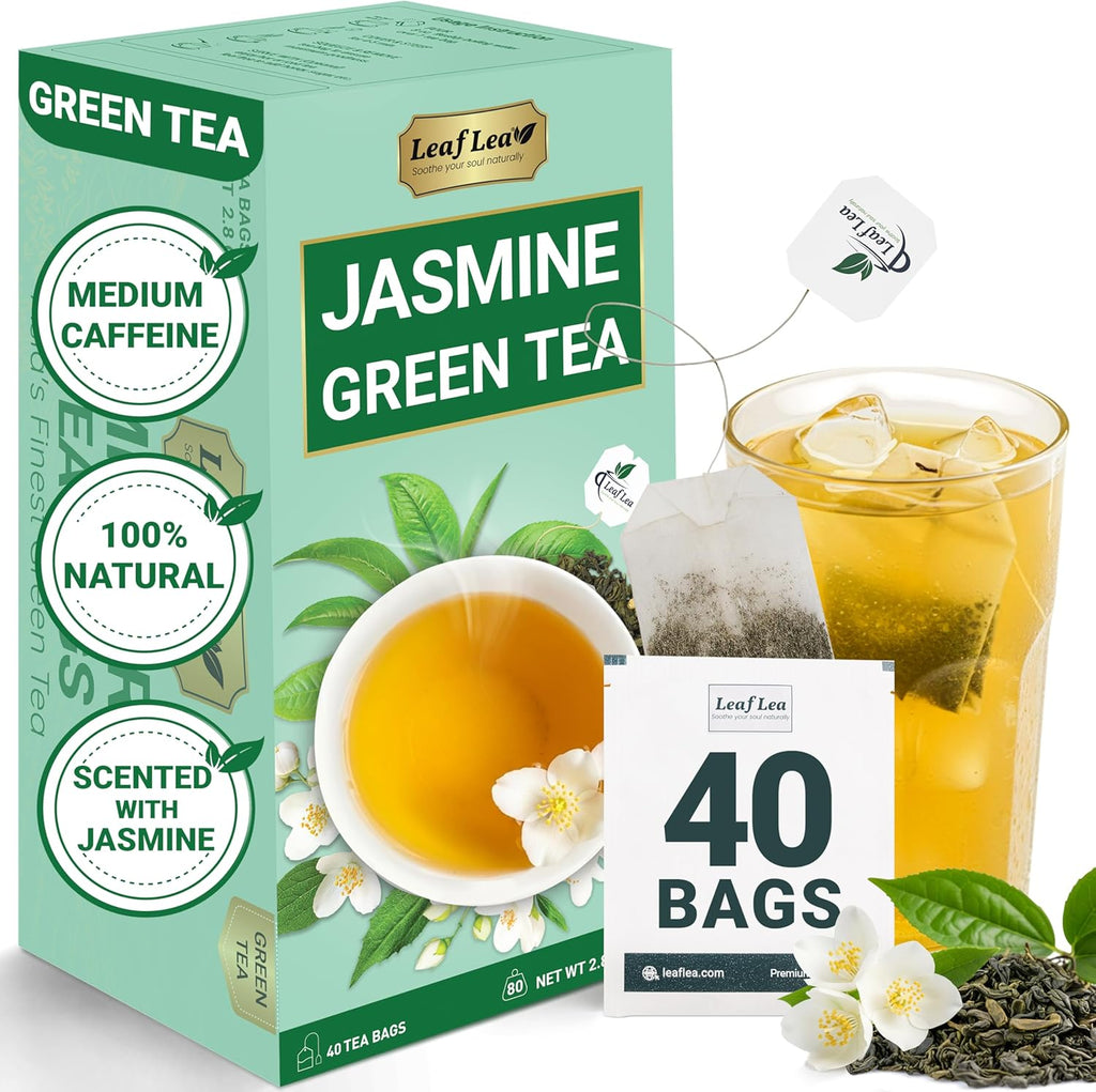 LeafLea 40 Jasmine Green Tea Bags, Premium Green Tea Scented with Jasmine Flowers for Gentle Support & Light Alertness, Floral Smoothness, Caffeinated, Sugar-Free, Non-GMO, Vegan, Individually Wrapped