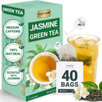 LeafLea 40 Jasmine Green Tea Bags, Premium Green Tea Scented with Jasmine Flowers for Gentle Support & Light Alertness, Floral Smoothness, Caffeinated, Sugar-Free, Non-GMO, Vegan, Individually Wrapped