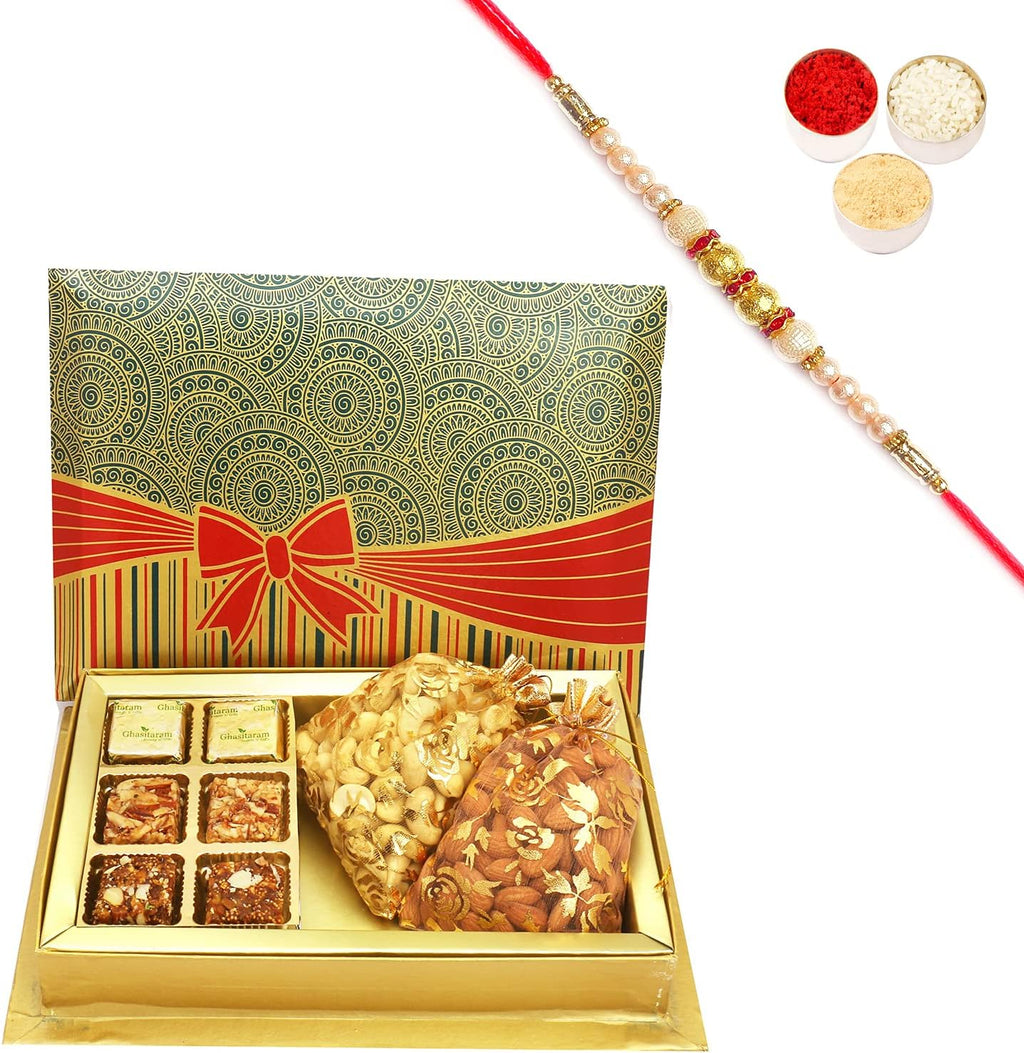 Ghasitaram Gifts Rakhi Gifts for Brothers Rakhi Chocolate 6 Pcs Assorted Choco Dryfruit Bites,Almonds, Cashews Pouches in Fancy Gift Box with Pearl Rakhi