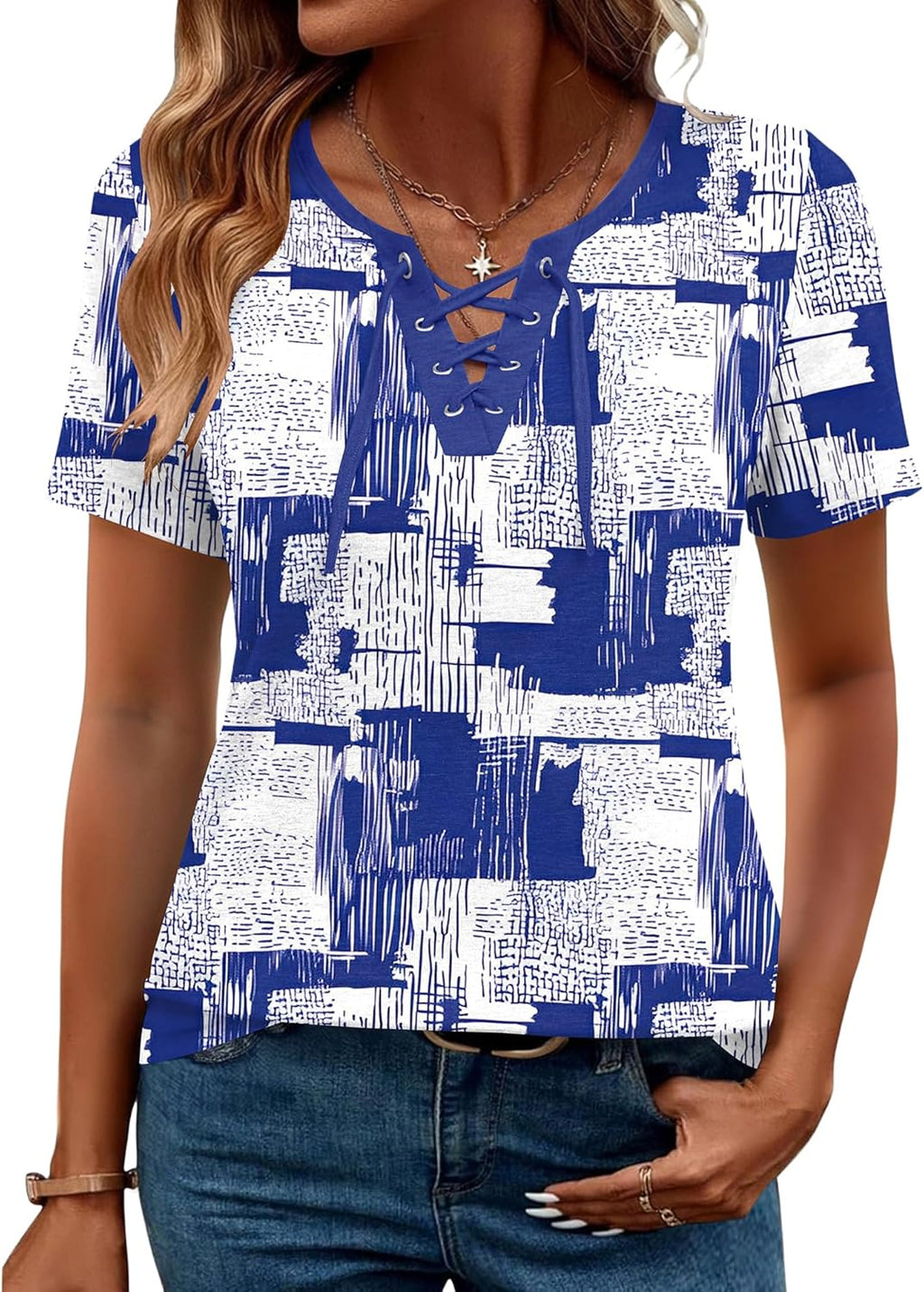 LOMON Womens Criss Cross Short Sleeve T-Shirts V-Neck Floral Summer Blouse Tops