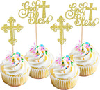 Rsstarxi 24 Pack Baptism Cupcake Toppers God Bless Cupcake Toppers Glitter Cross God Bless Cupcake Picks for Babyshower Christian First Communion Baptism Party Cake Decorations Gold