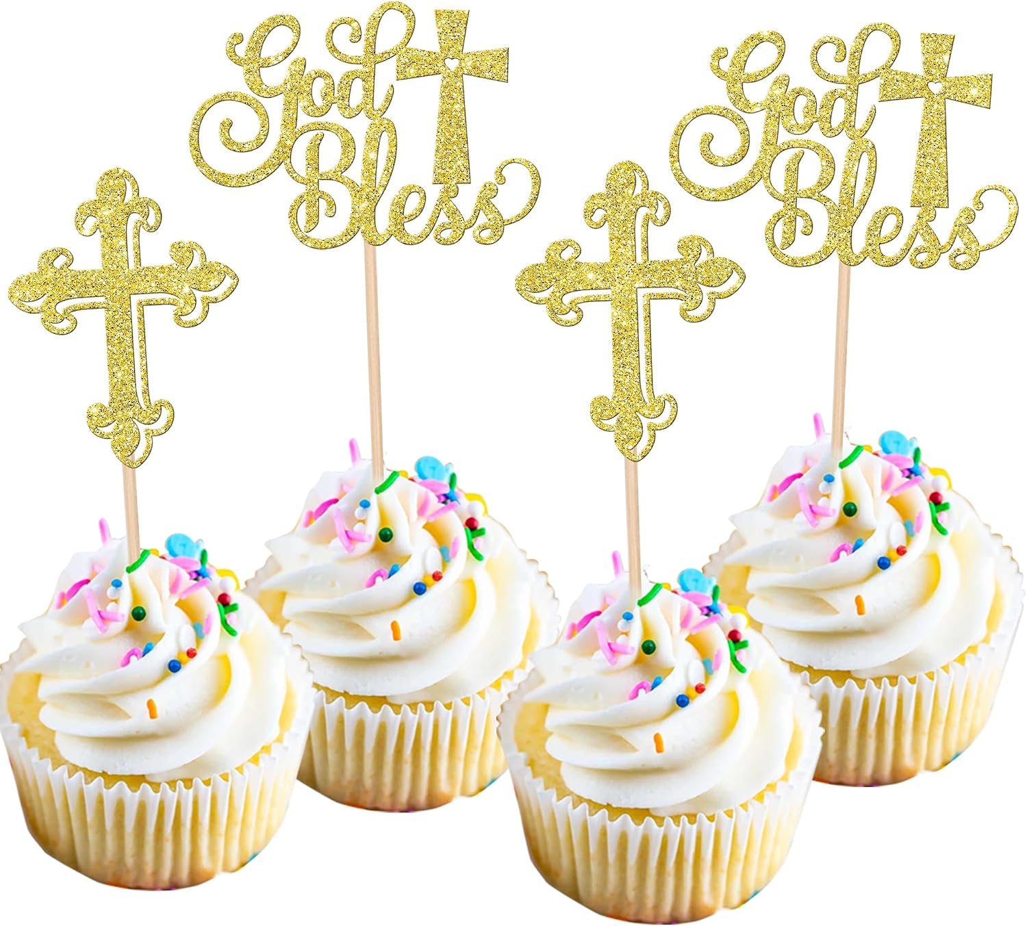 Rsstarxi 24 Pack Baptism Cupcake Toppers God Bless Cupcake Toppers Glitter Cross God Bless Cupcake Picks for Babyshower Christian First Communion Baptism Party Cake Decorations Gold