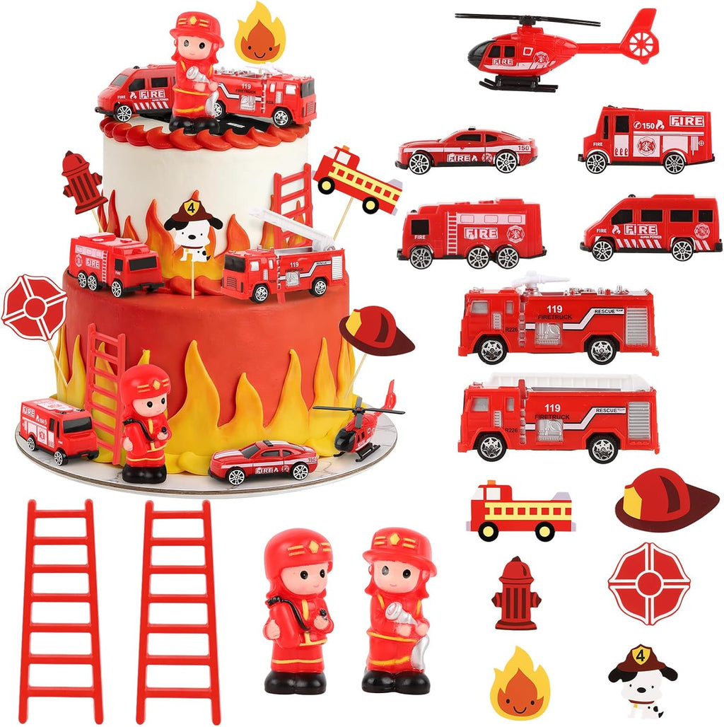 Hooqict 17 Pieces Fire Truck Cake Decorations Set with Mini Firetruck Firefighter Fire Engine Birthday Cake Toppers & Cupcake Toppers for Fireman Fire Truck Birthday Party Decorations Supplies