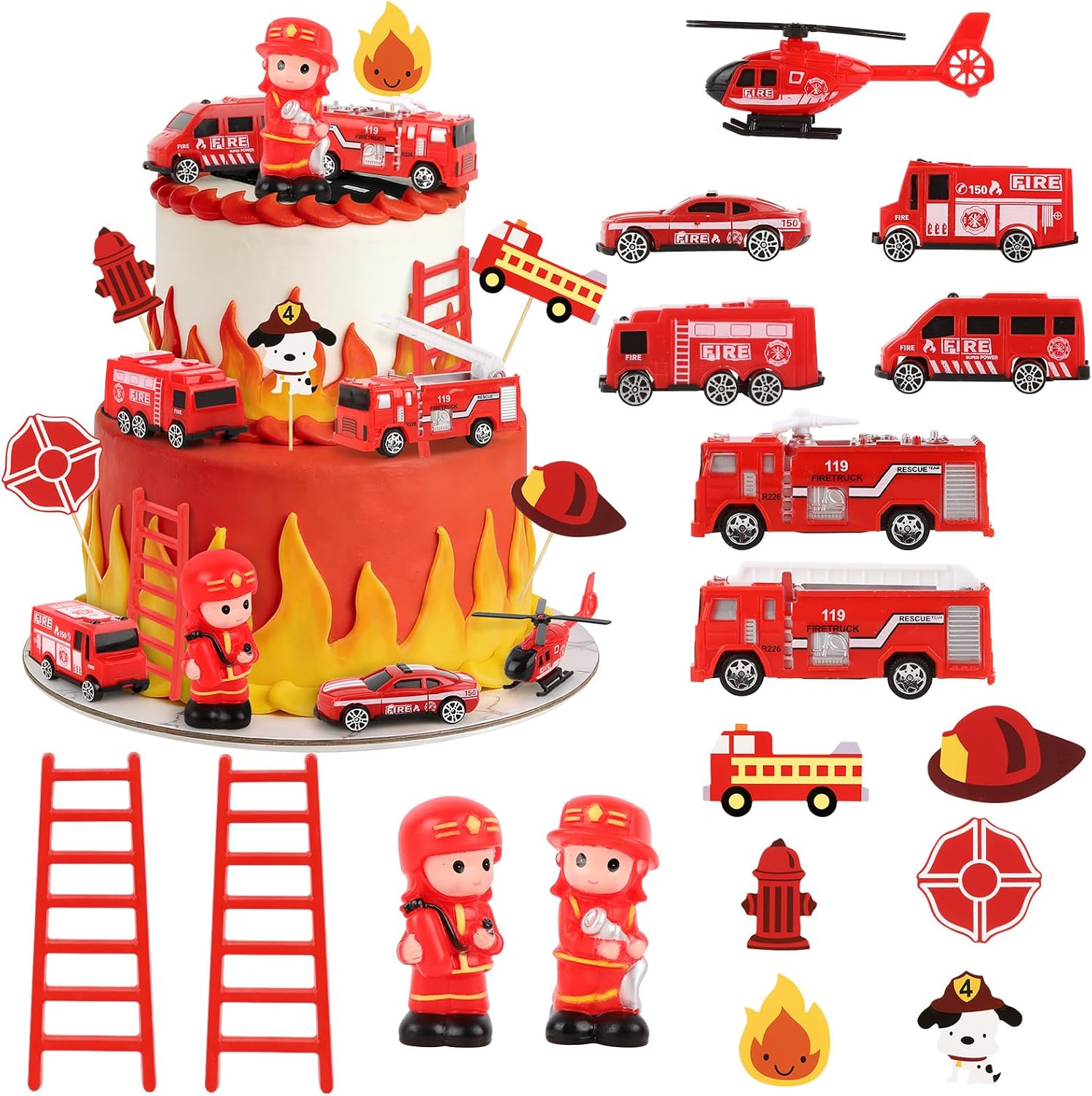 Hooqict 17 Pieces Fire Truck Cake Decorations Set with Mini Firetruck Firefighter Fire Engine Birthday Cake Toppers & Cupcake Toppers for Fireman Fire Truck Birthday Party Decorations Supplies