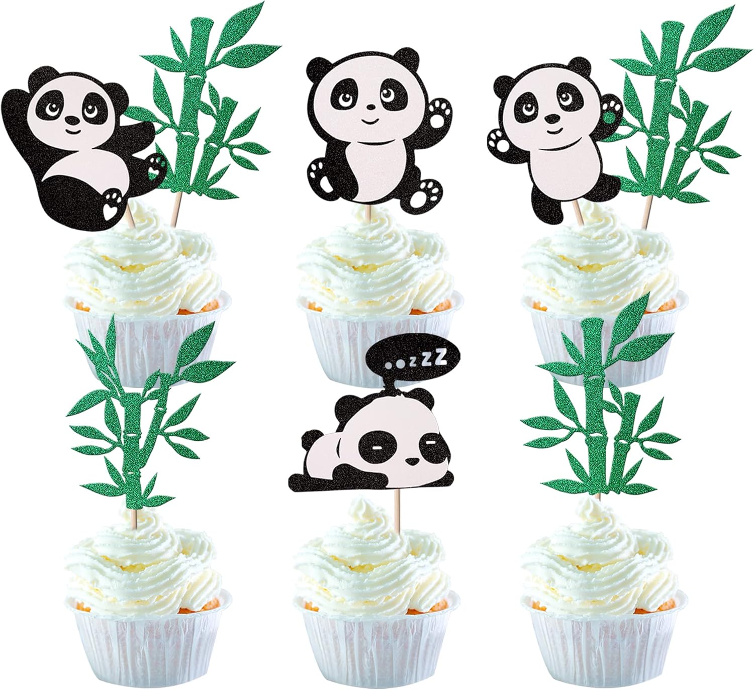 24 Pack Panda Cupcake Toppers Glitter Green Bamboo Cupcake Picks Cute Animal Bear Cake Decorations Baby Shower Kids Birthday Panda Theme Party Supplies