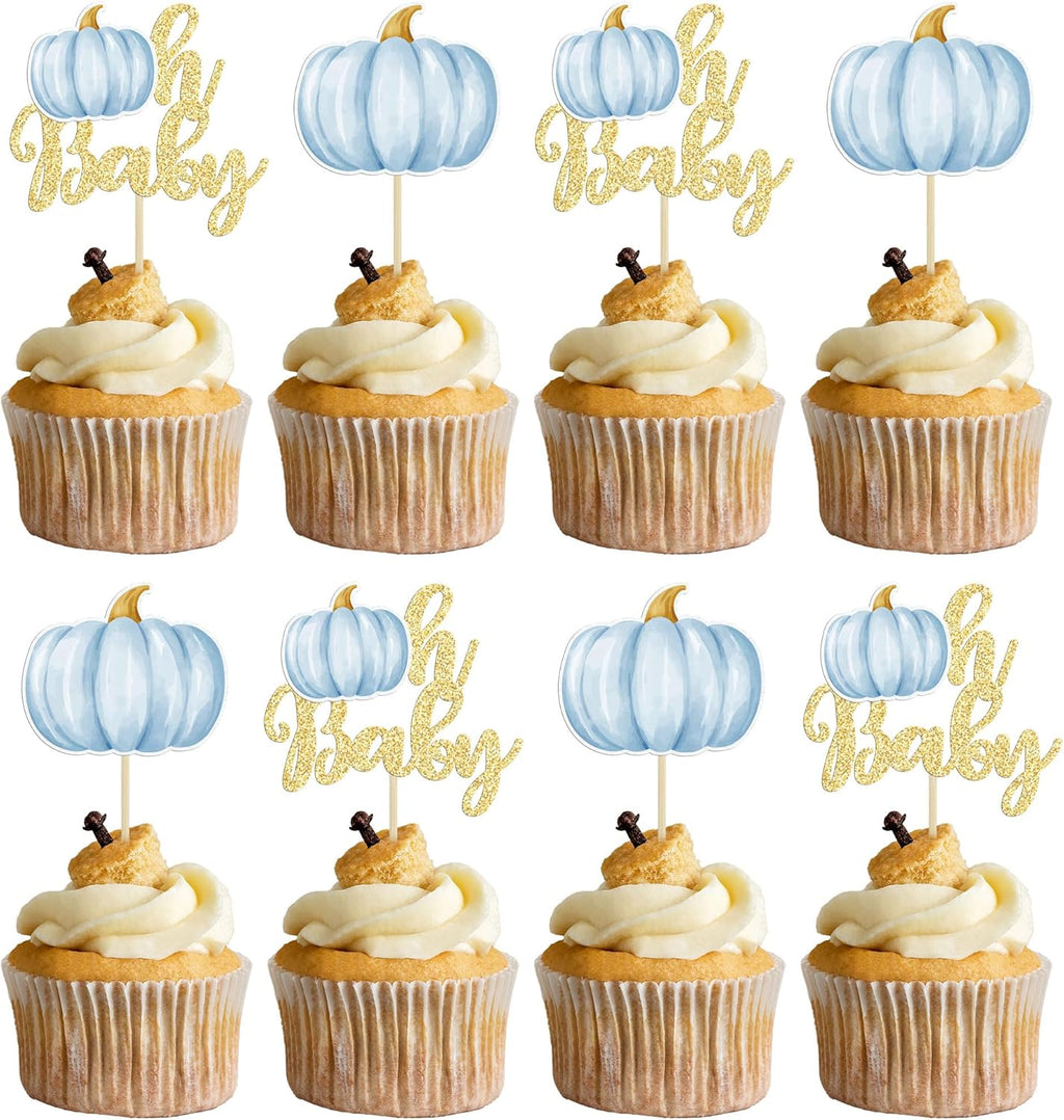 Gyufise 24Pcs Pumpkin Oh Baby Cupcake Toppers Blue Fall Pumpkin Cupcake Picks Baby Shower Cake Decorations Pumpkin Themed Baby Shower Birthday Thanksgiving Halloween Party Cake Decorations Supplies