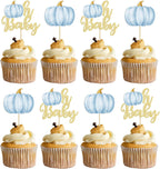 Gyufise 24Pcs Pumpkin Oh Baby Cupcake Toppers Blue Fall Pumpkin Cupcake Picks Baby Shower Cake Decorations Pumpkin Themed Baby Shower Birthday Thanksgiving Halloween Party Cake Decorations Supplies