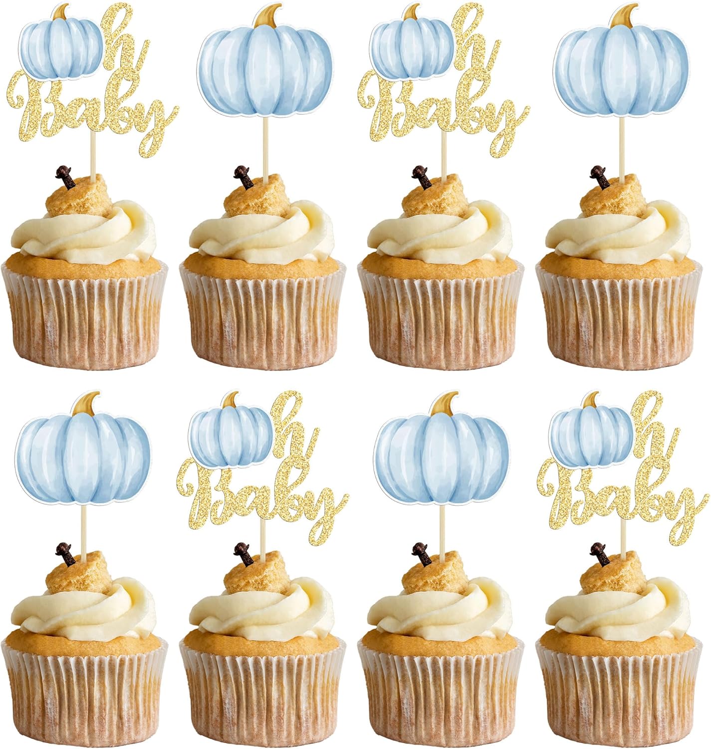 Gyufise 24Pcs Pumpkin Oh Baby Cupcake Toppers Blue Fall Pumpkin Cupcake Picks Baby Shower Cake Decorations Pumpkin Themed Baby Shower Birthday Thanksgiving Halloween Party Cake Decorations Supplies
