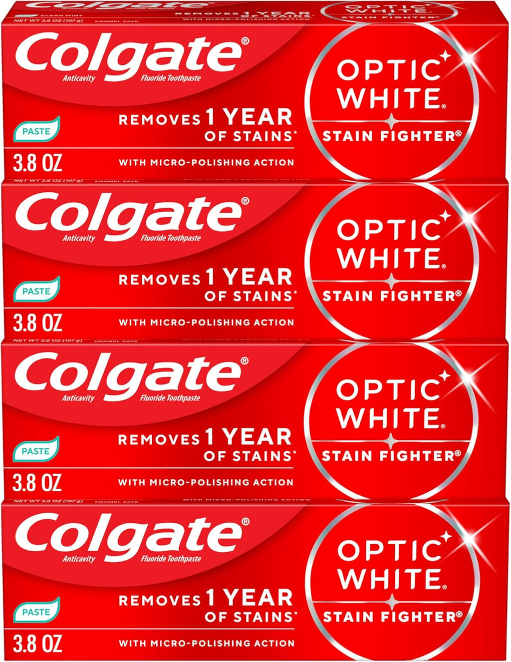 Colgate Optic White Stain Fighter Clean Mint Paste Teeth Whitening Toothpaste, 4 Pack, Anticavity Toothpaste with Fluoride, Enamel Safe Teeth Stain Remover, 3.8 OZ