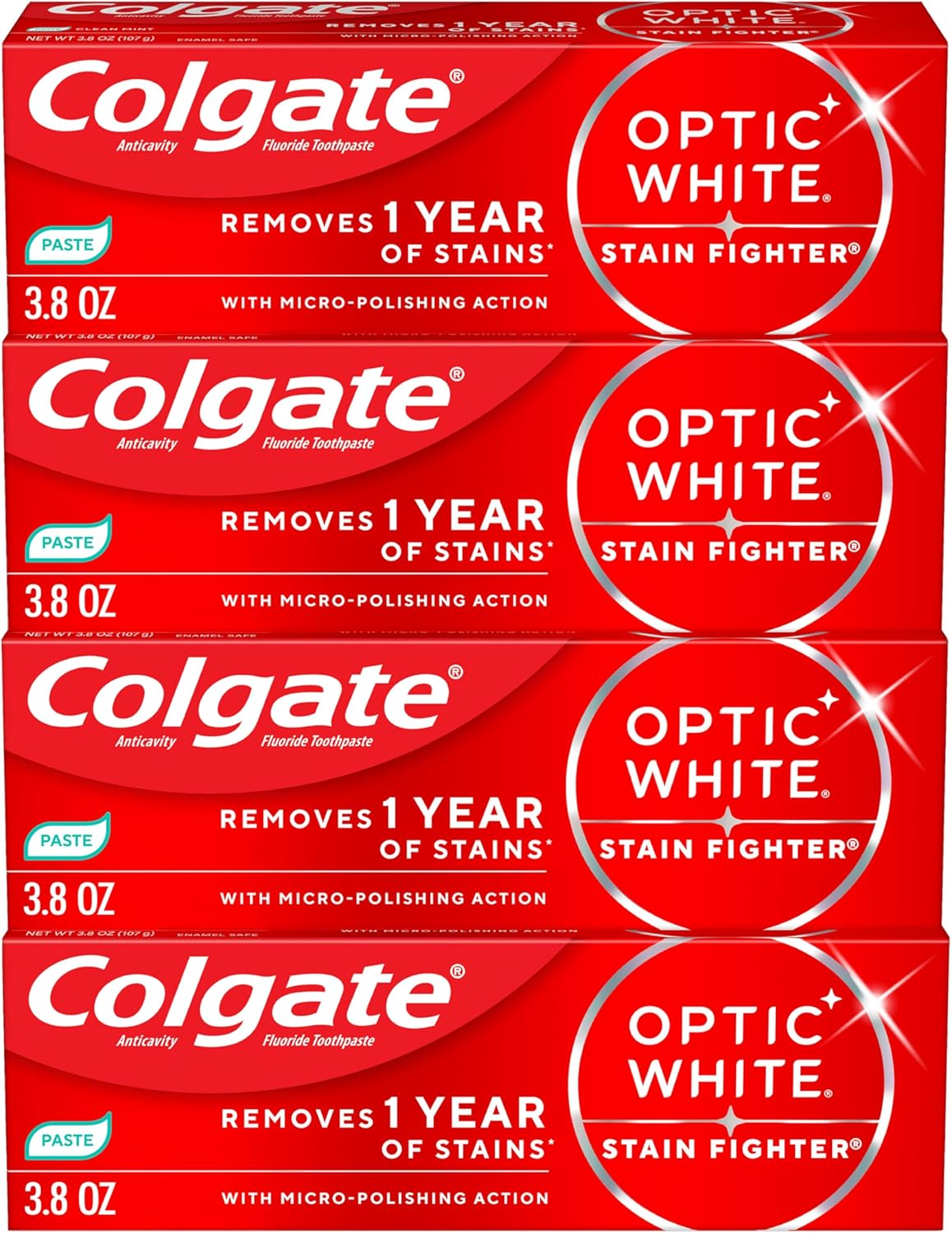 Colgate Optic White Stain Fighter Clean Mint Paste Teeth Whitening Toothpaste, 4 Pack, Anticavity Toothpaste with Fluoride, Enamel Safe Teeth Stain Remover, 3.8 OZ