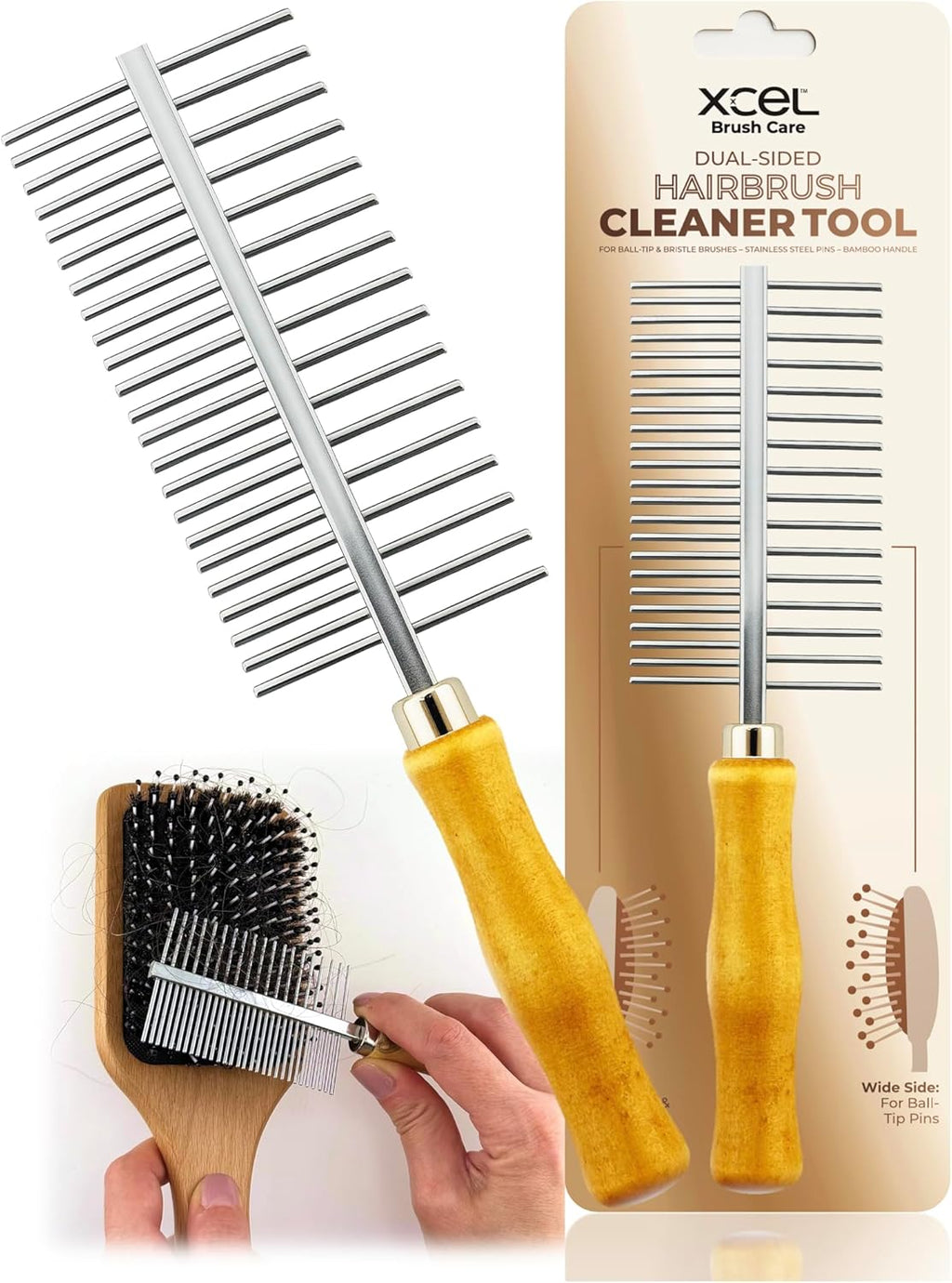 XCEL 2-in-1 Hair Brush Cleaner Tool, Dual-Sided Remover Comb for Removing Hair & Dust Buildup from Paddle, Boar Bristle & Detangling Brushes for Home & Salon Use