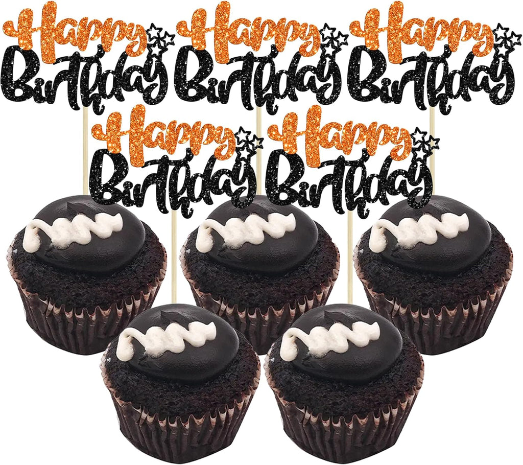 Ephlyn 24Pcs Happy Birthday Cupcake Toppers Double Layer Glitter Happy Birthday Cake Decorations for Halloween Baby Shower Theme Anniversary Party Cake Decorations Supplies Black Orange