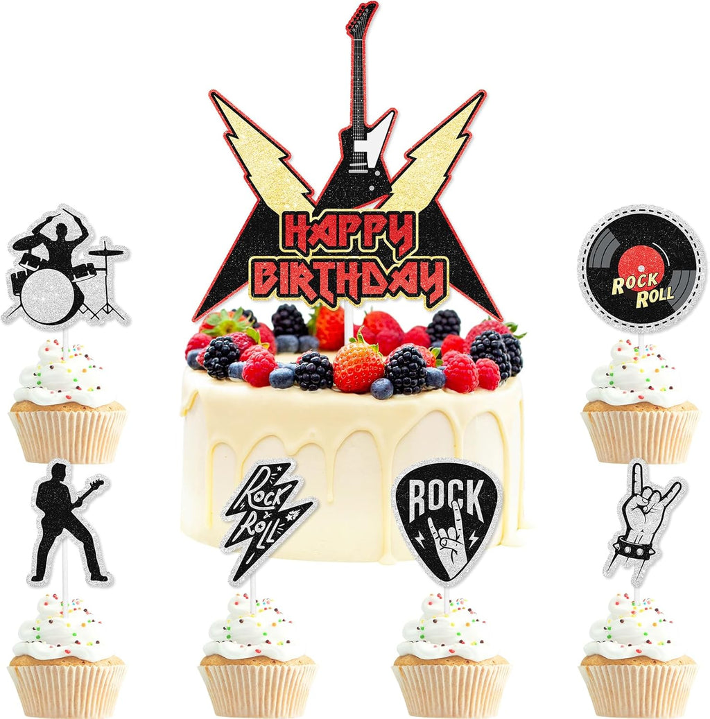 7Pcs Rock N Roll Cake Toppers Set Kids Rock Music Themed Happy Birthday, Birthday Party, Rock Star Band Party, or Baby Shower Party Guitar, Bass and Pick Decoration That Boy and Girl Will Love.LIANGSS