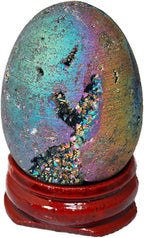mookaitedecor Druzy Agate Geode Specimen, Rainbow Titanium Coated Quartz Crystal Egg Figurines with Wood Stand