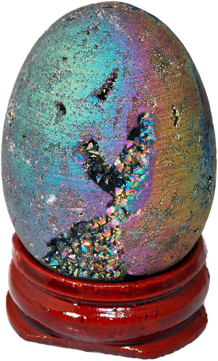 mookaitedecor Druzy Agate Geode Specimen, Rainbow Titanium Coated Quartz Crystal Egg Figurines with Wood Stand