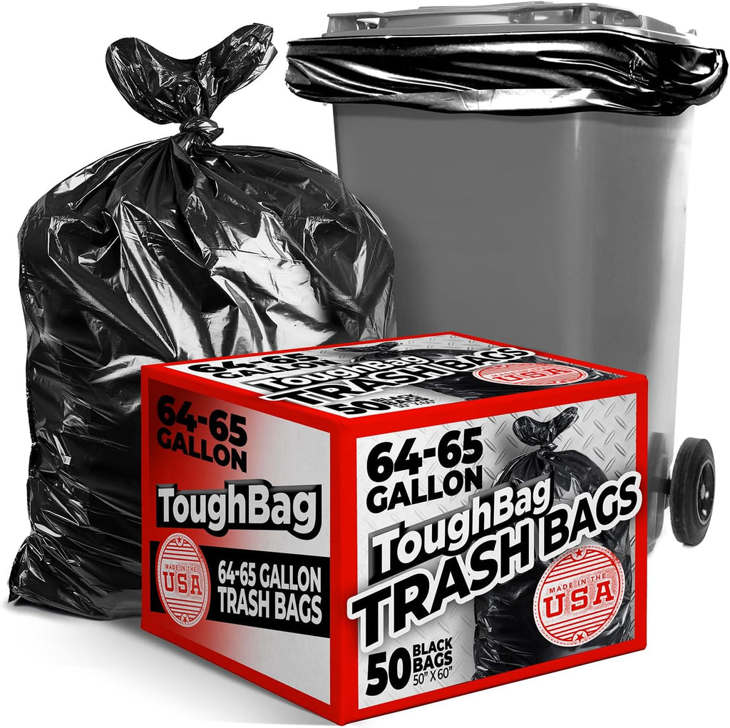 ToughBag 64-65 Gallon Trash Bags, 50x60" Extra Large Trash Can Liners for Toter, (50 Count) Heavy Duty – Made in USA