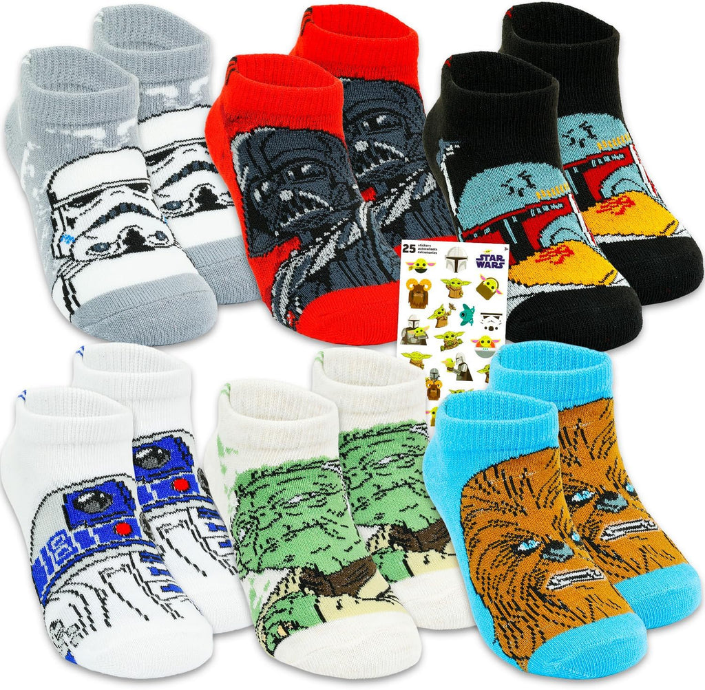 Star Wars No Show Socks For Kids - Bundle with 6 Pairs of No Show Socks Size 10-4 Plus Stickers for Boys, Girls Ages 6-8 | Star Wars Apparel Set