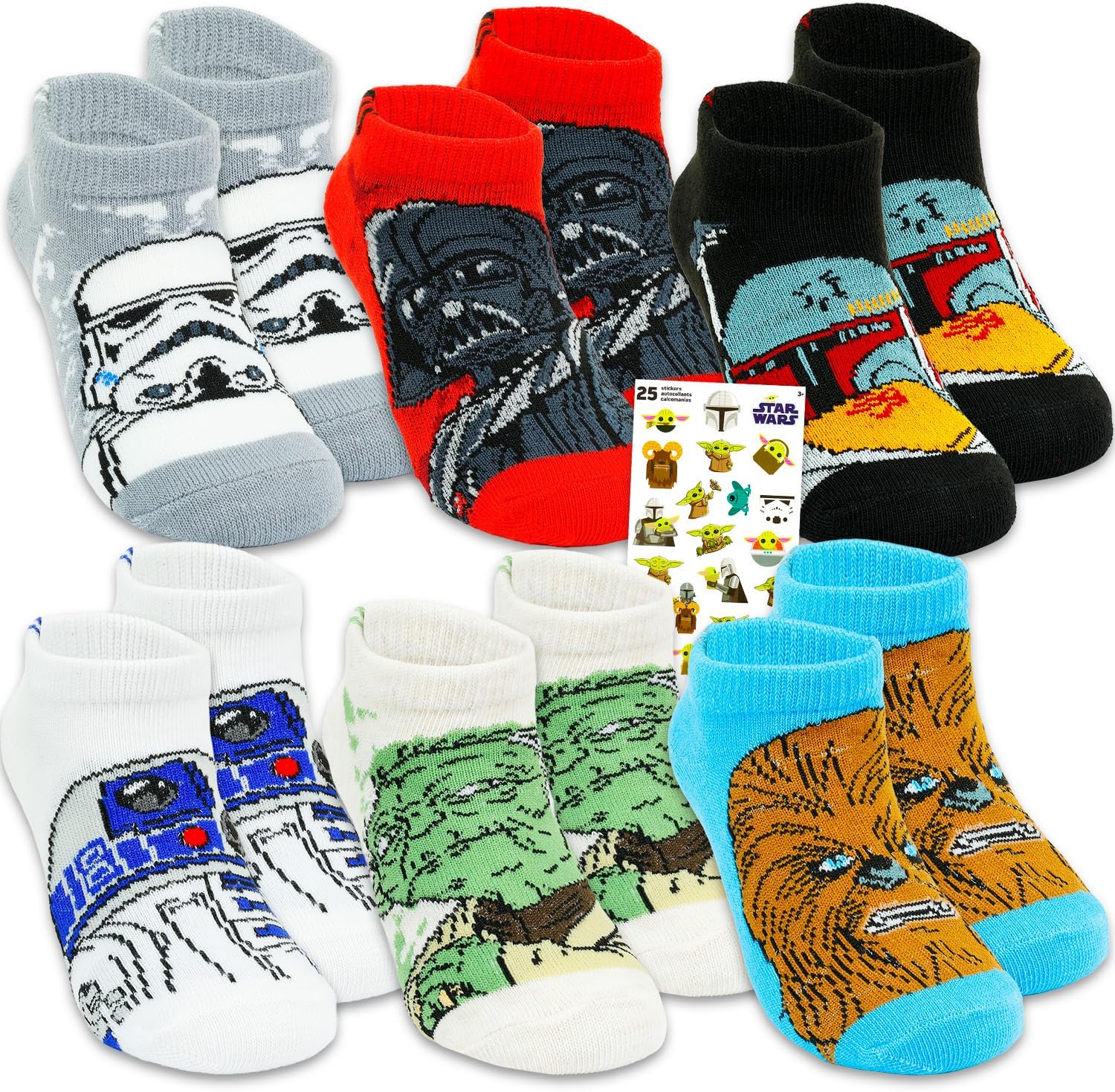 Star Wars No Show Socks For Kids - Bundle with 6 Pairs of No Show Socks Size 10-4 Plus Stickers for Boys, Girls Ages 6-8 | Star Wars Apparel Set