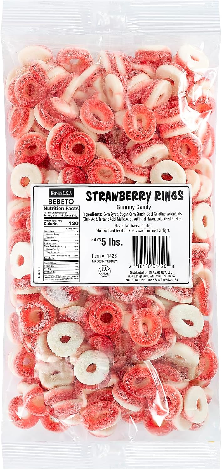 Kervan Candy Bebeto Strawberry Rings - Fruity, Soft, Sweet & Sour Gummy Candy Bulk for Kids, Gift Snacks and Parties - Strawberry Ring Gummies Big Party Size Bag (5 lbs)