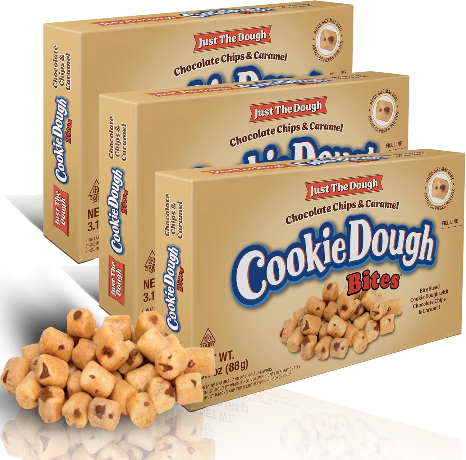 Cookie Dough Bites Just The Dough Chocolate Chip & Caramel | 3.1 oz (Pack of 3) | The Original Edible Cookie Dough | Movie Theater Candy