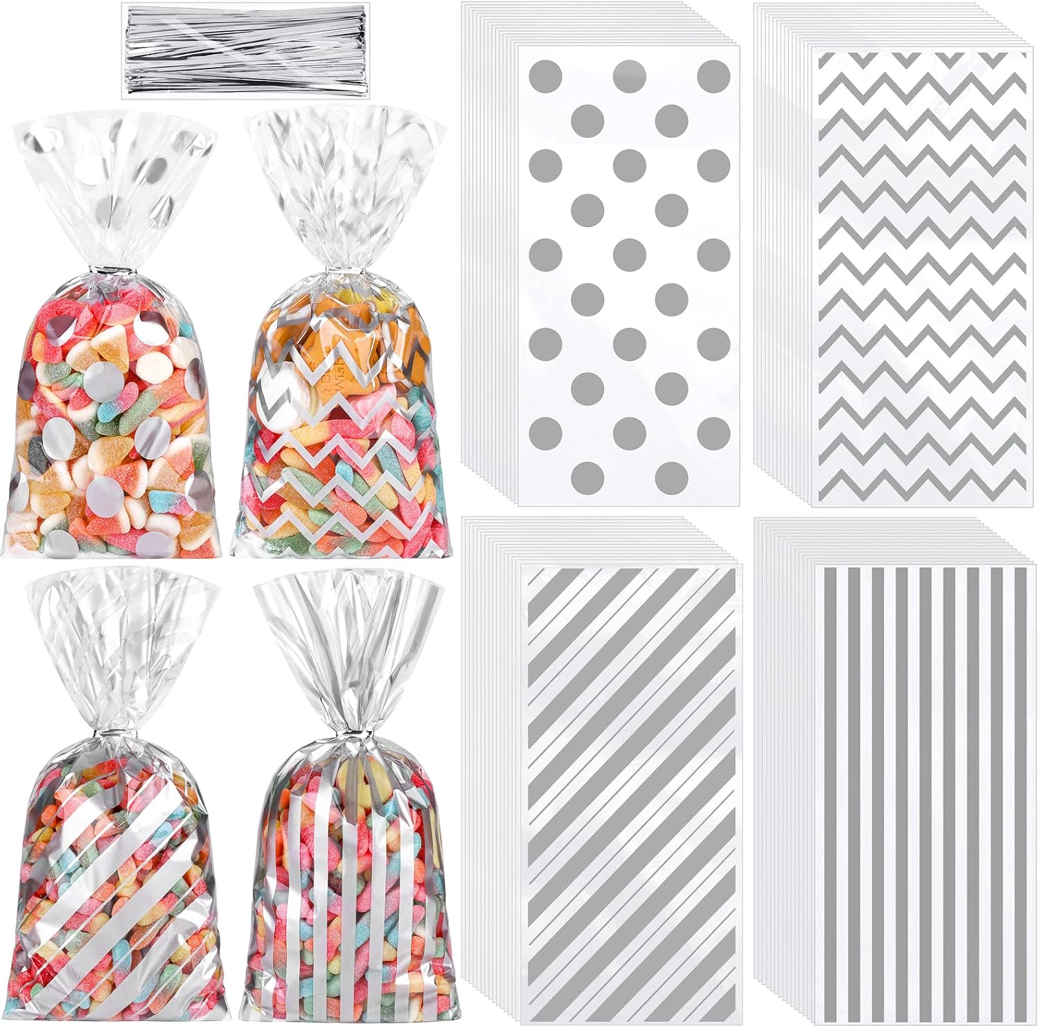 Aodaer 100 Pieces 10.6 x 5.1 In Silver Cellophane Bags Plastic Candy Gift Bags Cellophane Treat Bag with Twist Ties Stripes Polka Dot Printed Pattern Goodie Bag for Birthday Weddings Party Favors