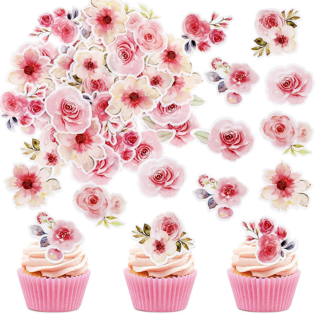 40Pcs Edible Pink Flowers Blossom Cupcake Toppers Spring Flower Edible Cupcake Toppers Floral Drink Topper for Spring Baby Shower Floral Wedding Girls Birthday Mother's Day Cupcake Decorations