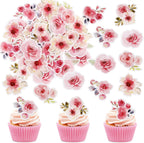 40Pcs Edible Pink Flowers Blossom Cupcake Toppers Spring Flower Edible Cupcake Toppers Floral Drink Topper for Spring Baby Shower Floral Wedding Girls Birthday Mother's Day Cupcake Decorations