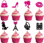 32pcs Princess Cupcake Toppers Paris Cupcake Toppers Glitter Hot Pink Girl Cupcake Picks Handbag High Heel Tour Eiffel Cake Decorations for Wedding Bridal Shower Baby Shower Birthday Party Supplies