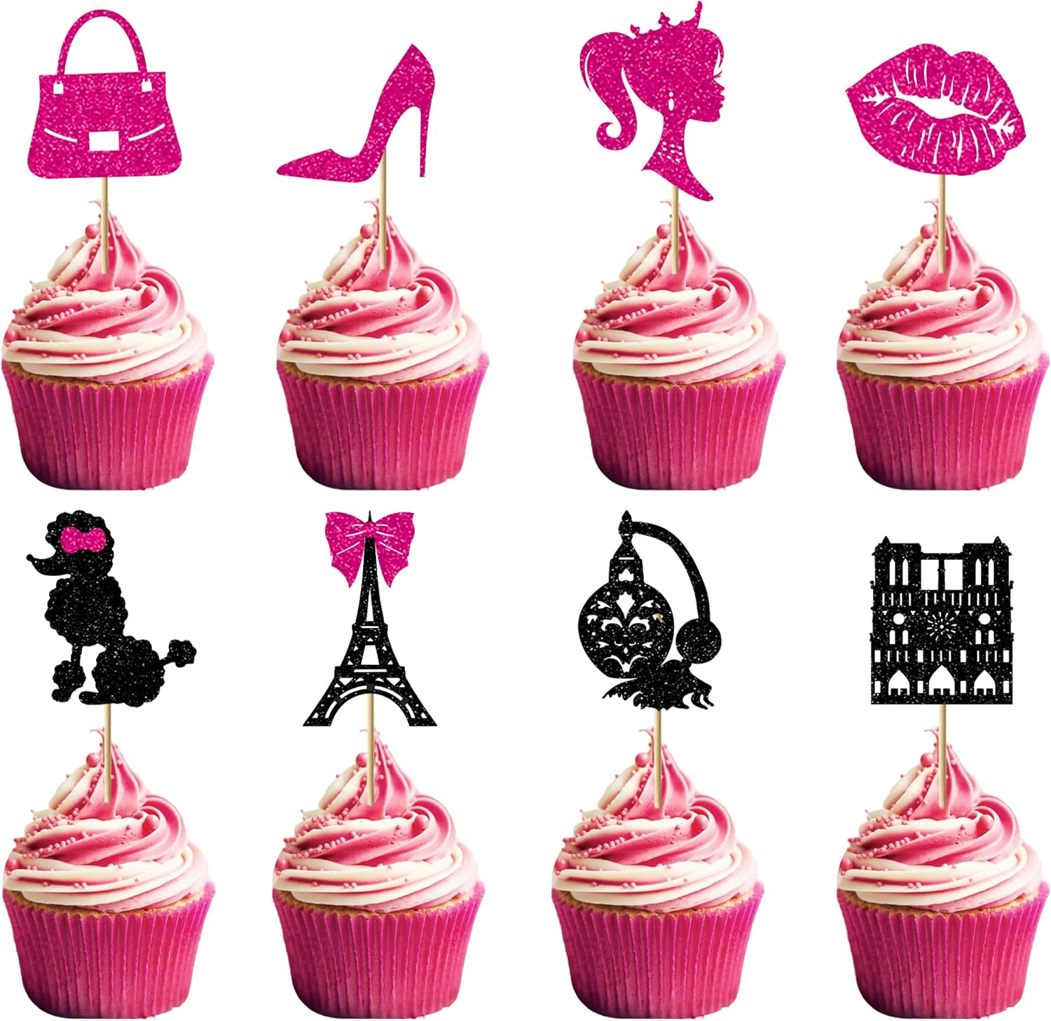 32pcs Princess Cupcake Toppers Paris Cupcake Toppers Glitter Hot Pink Girl Cupcake Picks Handbag High Heel Tour Eiffel Cake Decorations for Wedding Bridal Shower Baby Shower Birthday Party Supplies