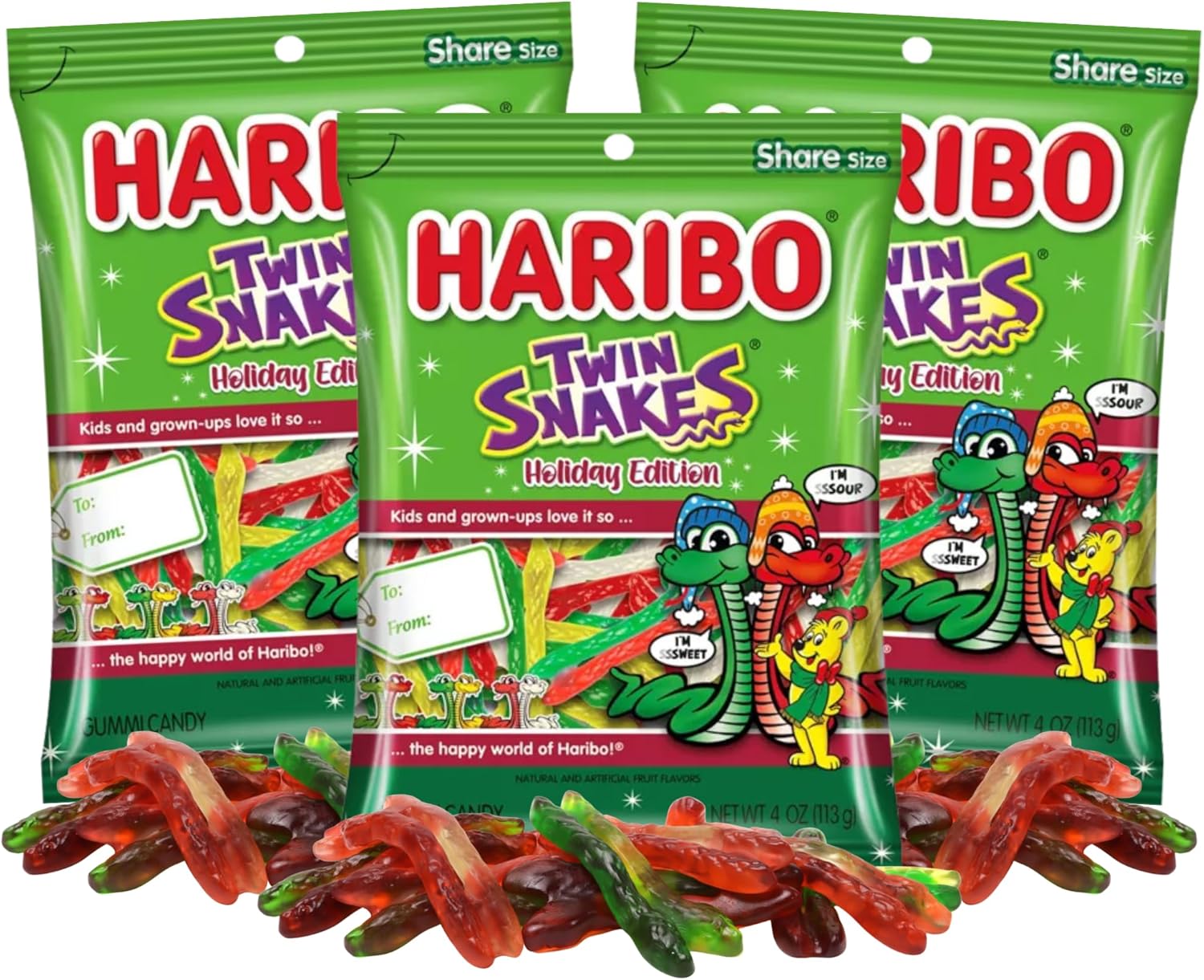 Haribo Holiday Twin Snakes, Sweet and Sour Gummy Candy, Christmas Stocking Stuffer Treats, 4 Ounces (Pack of 3)
