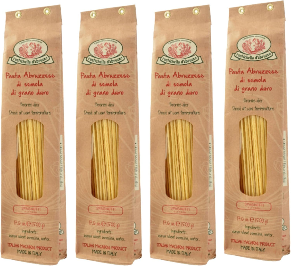 Rustichella d'Abruzzo Spaghetti, Classic Italian Long Pasta with Superior Flavor & Texture, Perfect for Olive Oil Sauces, Cacio e Pepe & Carbonara, Authentic Durum Wheat from Abruzzo, 500g, 4-Pack