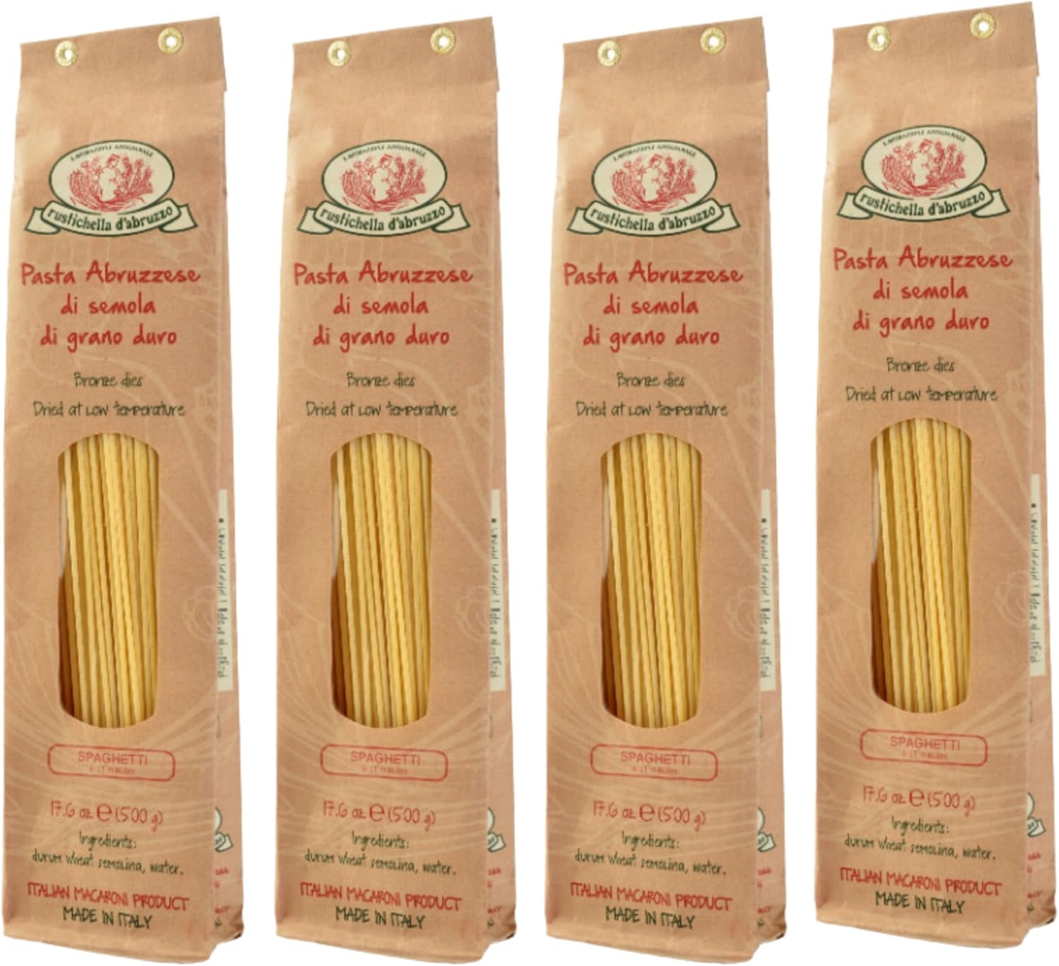 Rustichella d'Abruzzo Spaghetti, Classic Italian Long Pasta with Superior Flavor & Texture, Perfect for Olive Oil Sauces, Cacio e Pepe & Carbonara, Authentic Durum Wheat from Abruzzo, 500g, 4-Pack