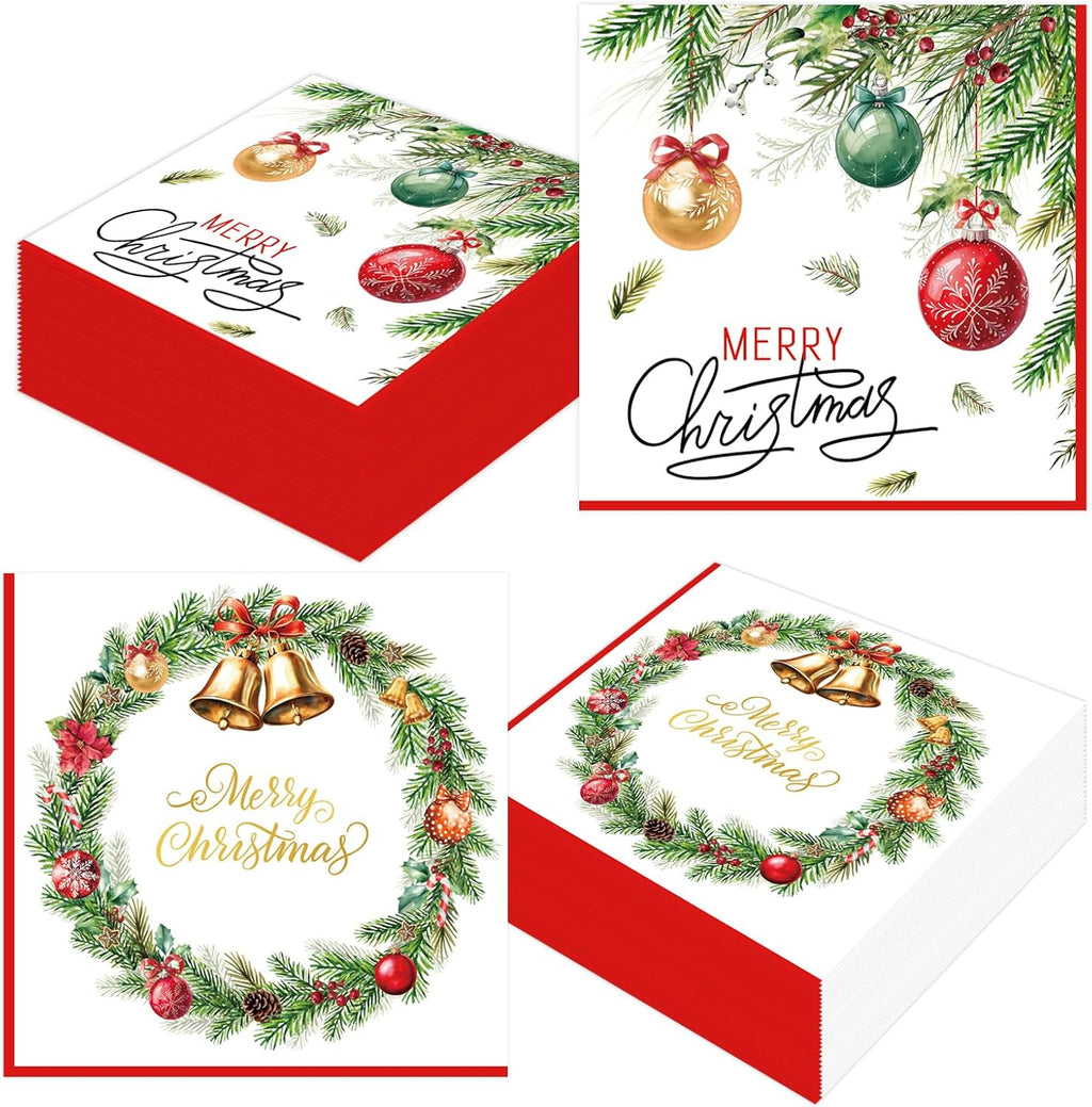 50 Pcs Christmas Paper Napkins 13 x 13 Inches, Disposable Luncheon Dinner Party Napkins Xmas Balls Wreath Theme for Winter Holiday Christmas Party Decorations