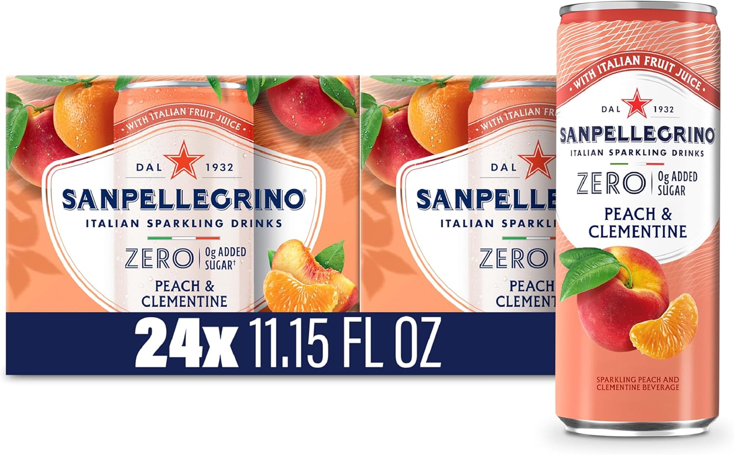 Sanpellegrino Zero Grams Added Sugar Italian Sparkling Drinks, Sparkling Peach Clementine Beverage, 11.15 Fl Oz (Pack of 24)