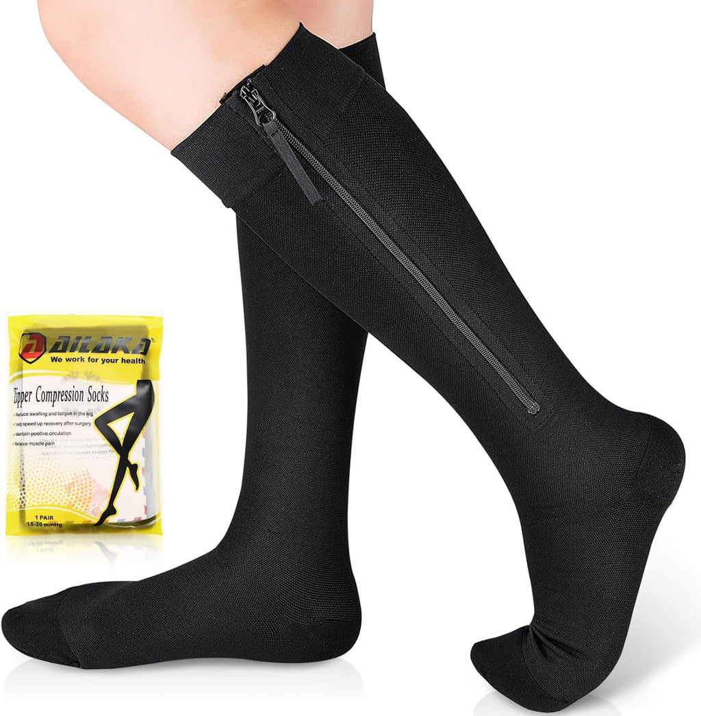 Ailaka Zipper Compression Socks Medical, 15-20 mmHg Knee High Compression Socks for Men Women, Close Toe Support Socks for Varicose Veins, Edema, Recovery, Pregnant, Nurse(Black, X-Large)