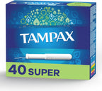 Tampax Cardboard Tampons for Women Super Absorbency, Anti-Slip Grip, LeakGuard Skirt, Unscented, 40 Count