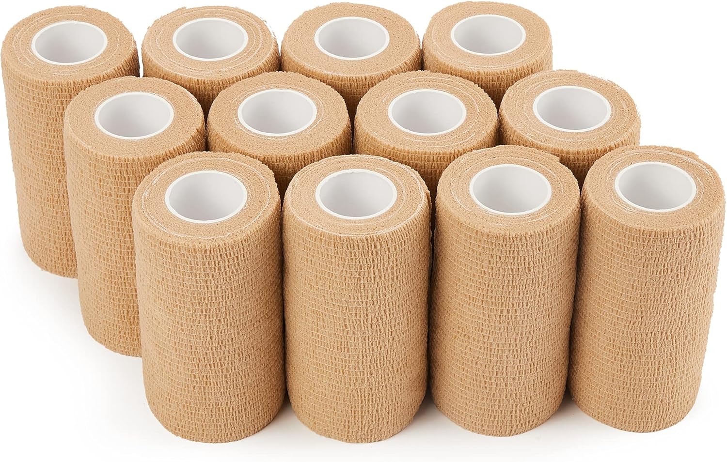 Self Adhesive Bandage Wrap - 4 Inch x 5 Yards, 12 Pack | Cohesive Tape for Sports Support & Vet Wrap for Dogs, Horses, Pets | Breathable & Painless Removal (Beige)