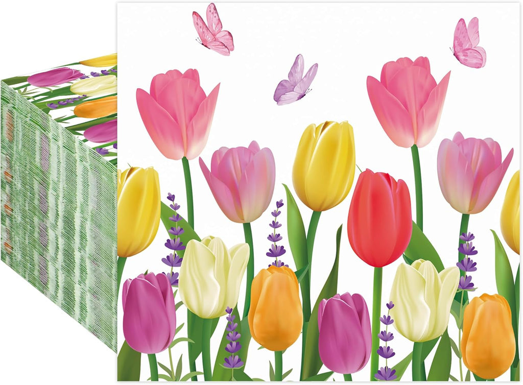 100 PCS Spring Tulip Cocktail Napkins Spring Floral Paper Party Napkin Disposable 3-Ply Watercolor Tulip Beverage Dessert Napkins for Bridal Shower Wedding Birthday Tea Party Supplies