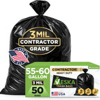 Veska Contractor Garbage Bags 55 Gallon 3 MIL Heavy Duty (MegaValue 50 Bags w/Ties) Contractor Trash Bags 50-60 Gallon 3 Mil Contractor Bag Heavy Duty 55 Gallon, Extra Large Industrial Contractor
