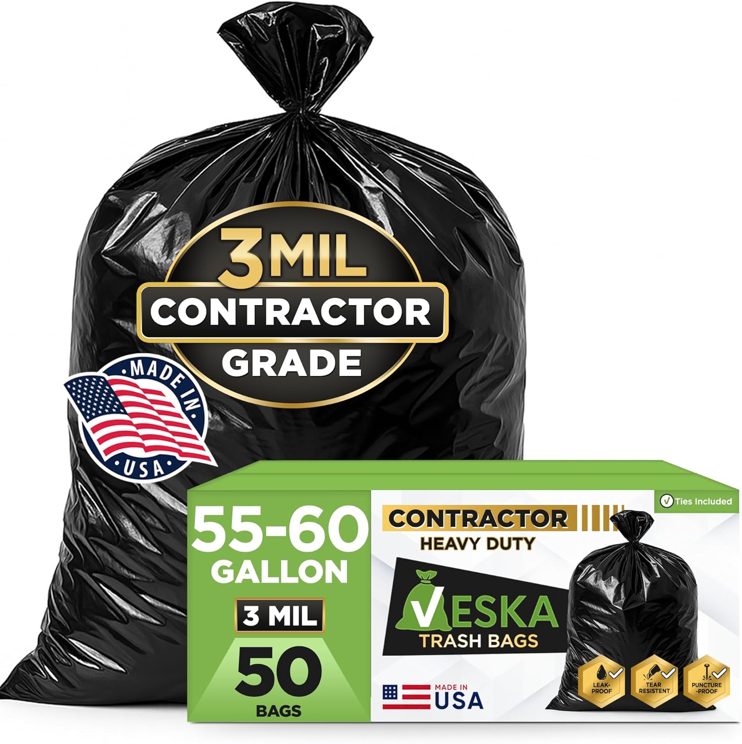 Veska Contractor Garbage Bags 55 Gallon 3 MIL Heavy Duty (MegaValue 50 Bags w/Ties) Contractor Trash Bags 50-60 Gallon 3 Mil Contractor Bag Heavy Duty 55 Gallon, Extra Large Industrial Contractor